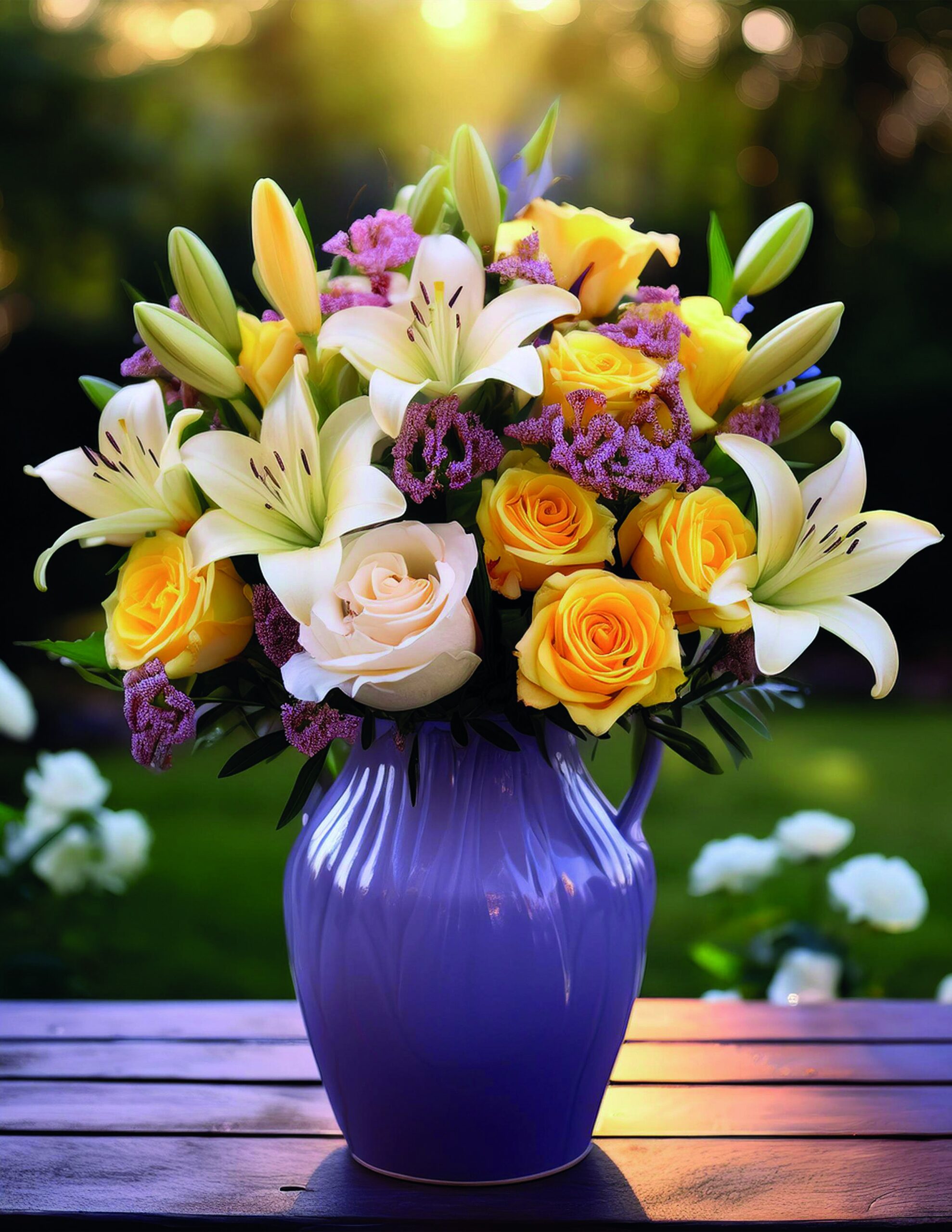 Lirios blancos y rosas amarillas de la colección floral Primarossa